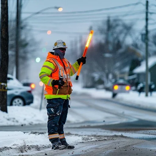 Verkeersregelaar met lichtbaken op een winterse weg